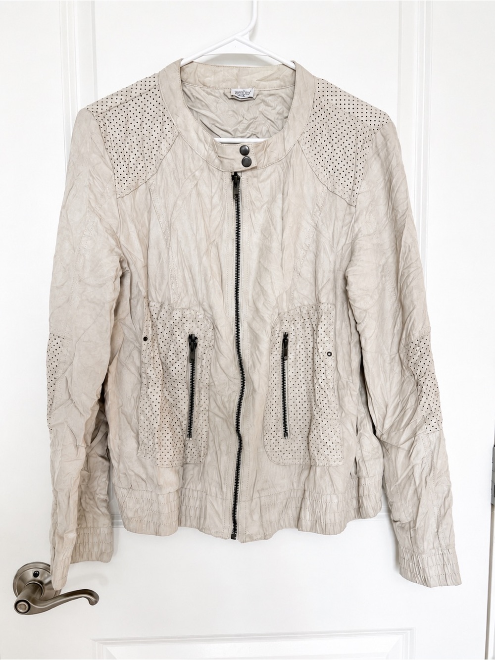 Charming Charlie Beige Moto Utility Jacket Perforated Zip Front Lightweight Larg